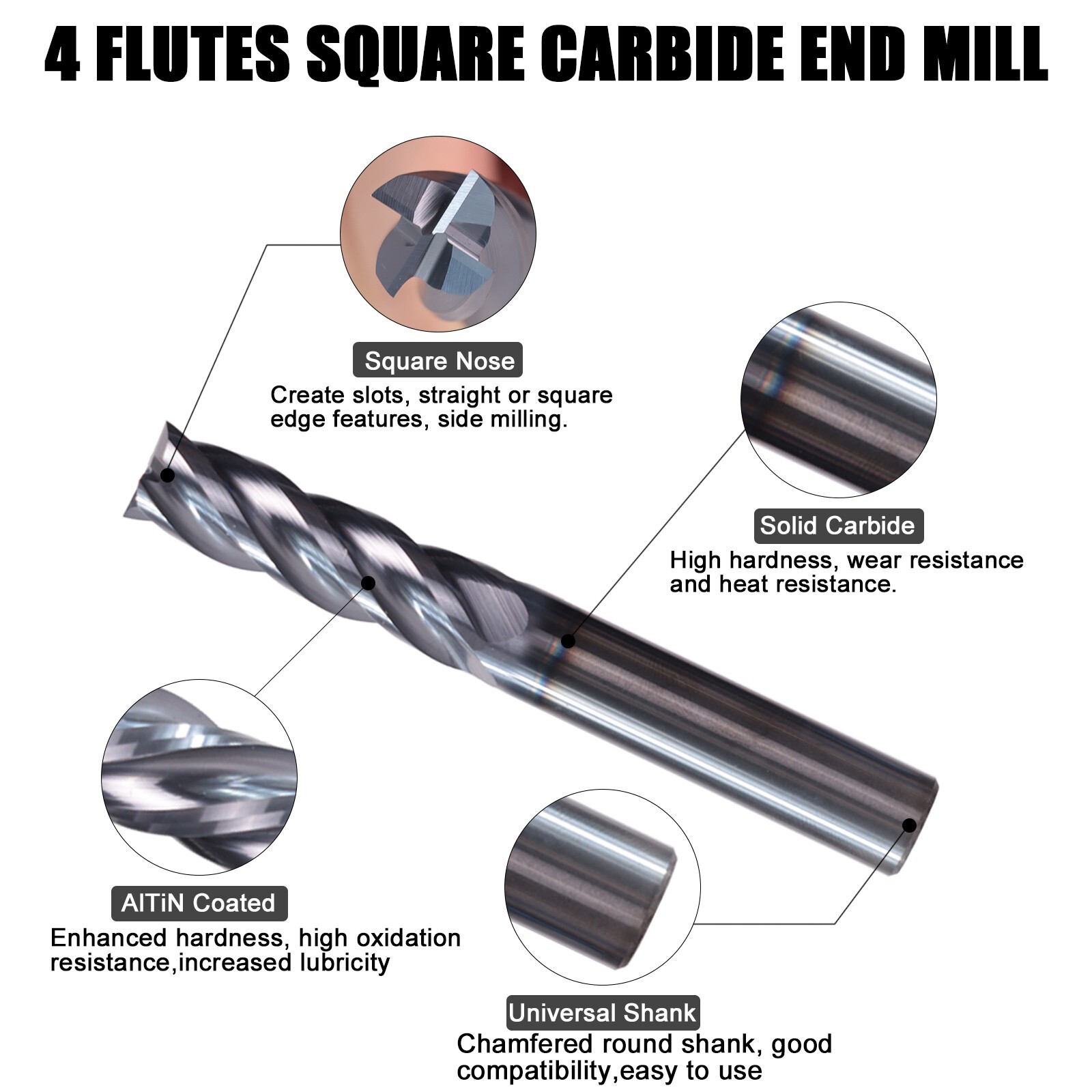 10Pcs 4 Flute 1/4" x 3/4" x 2-1/2" End Mills Solid Carbide AlTiN COATED CNC Bit