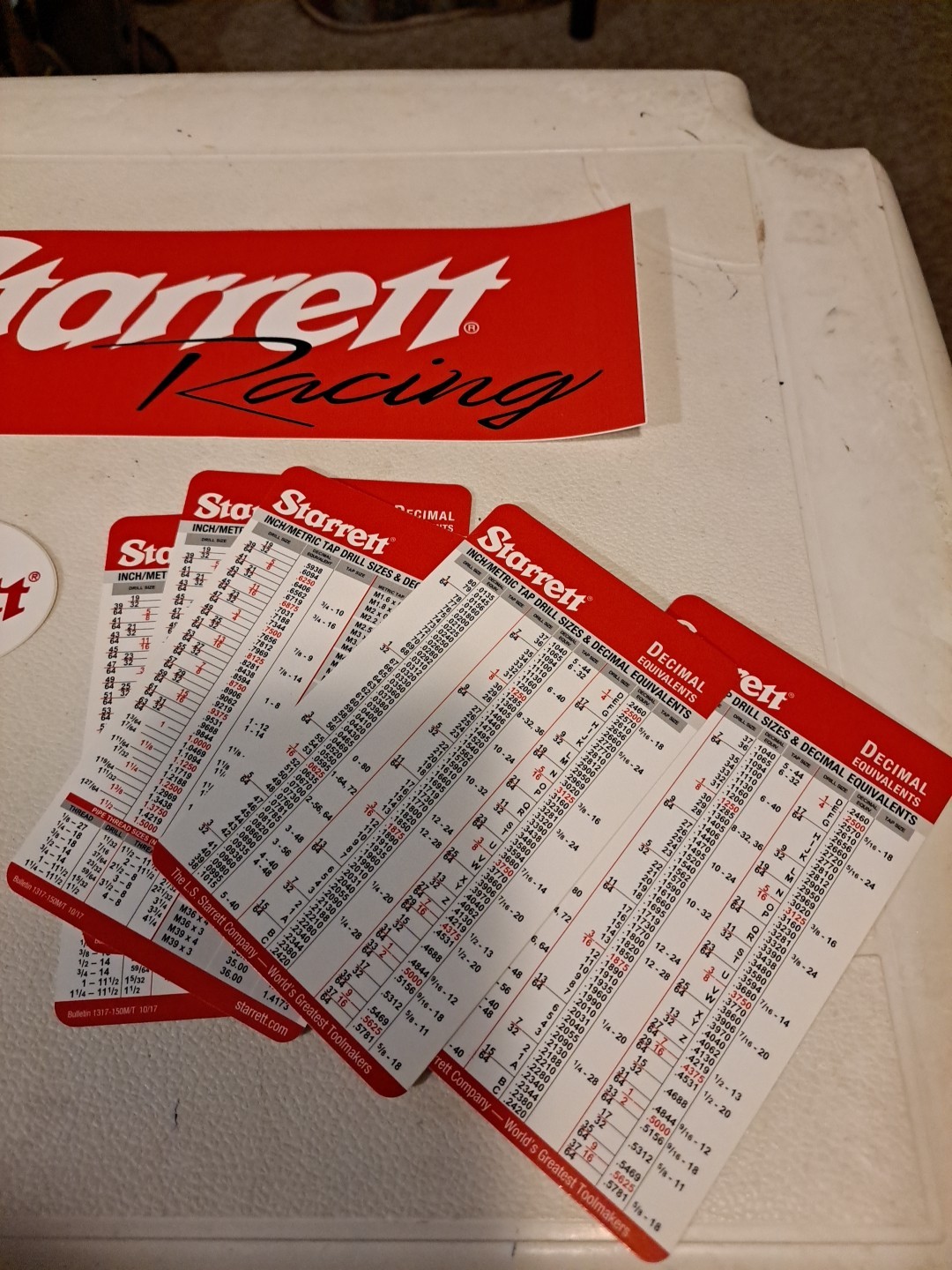 5 New Starrett Decimal Equivalents Pocket Cards and 2 Tool Box Stickers