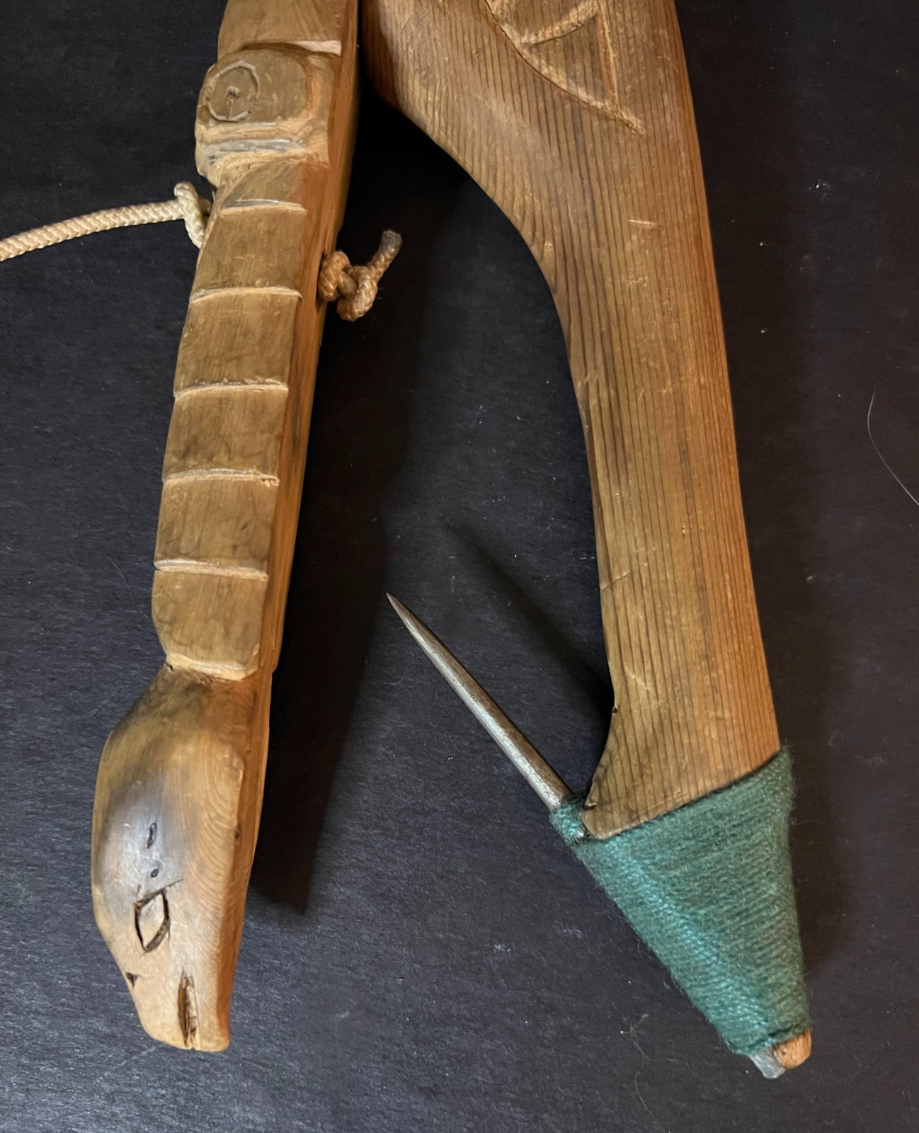 HAIDA-TLINGIT ANTIQUE HALIBUT HOOK w/Carved Totems Vintage Native Fishing