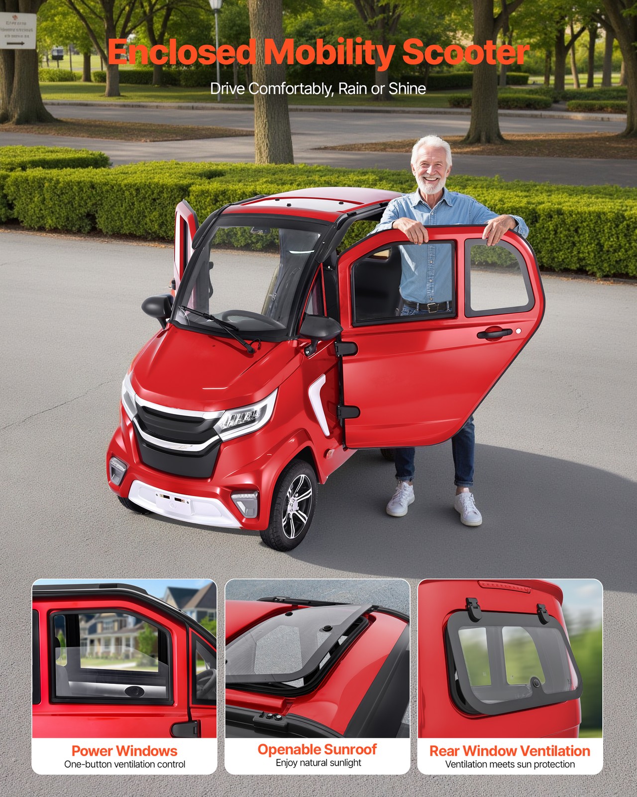 VEVOR 4-Wheel Enclosed Mobility Scooter for Seniors 660lbs Capacity 3-Seater