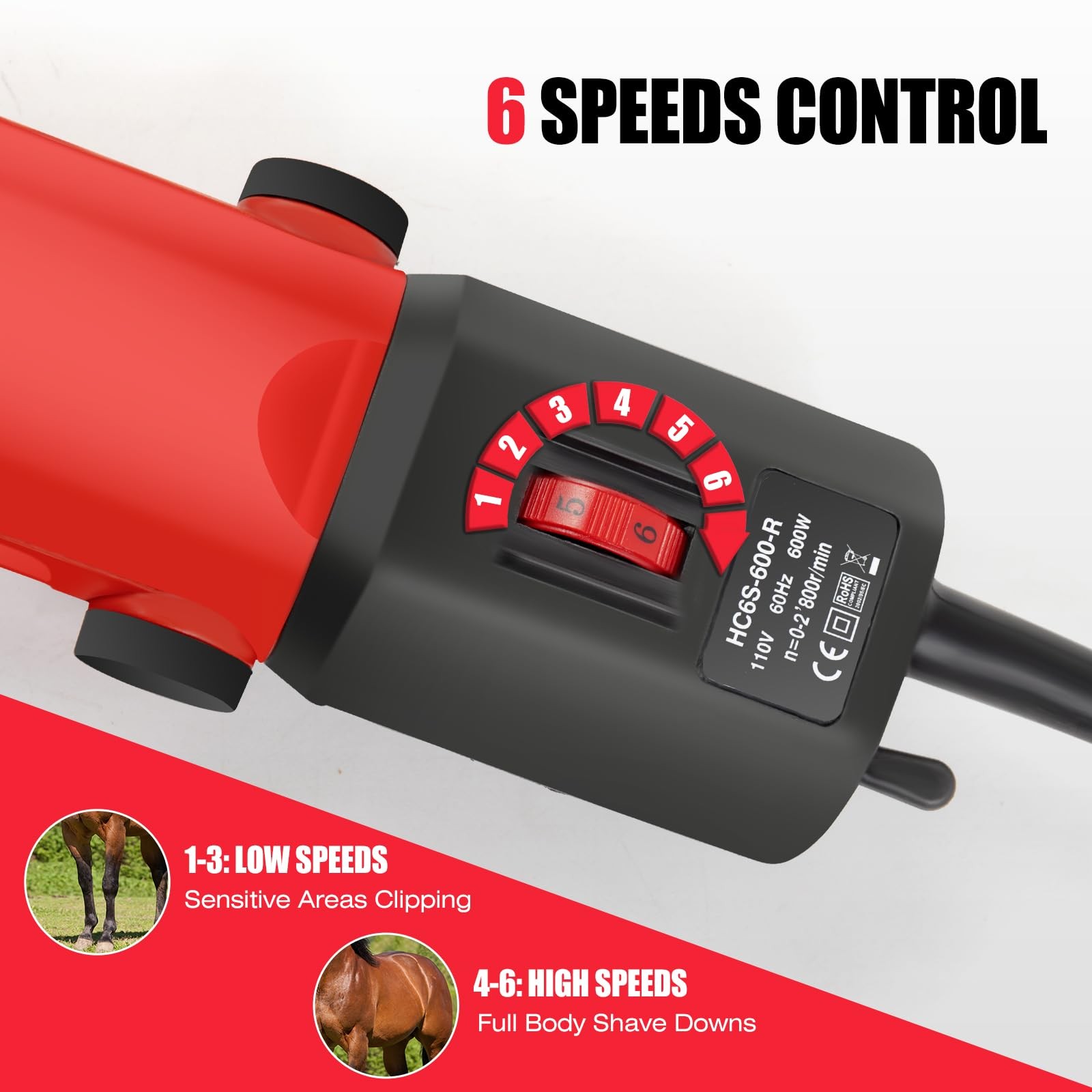 Horse Clippers, 600W Professional Heavy Duty Horse Body Clippers, 6-Speeds L...