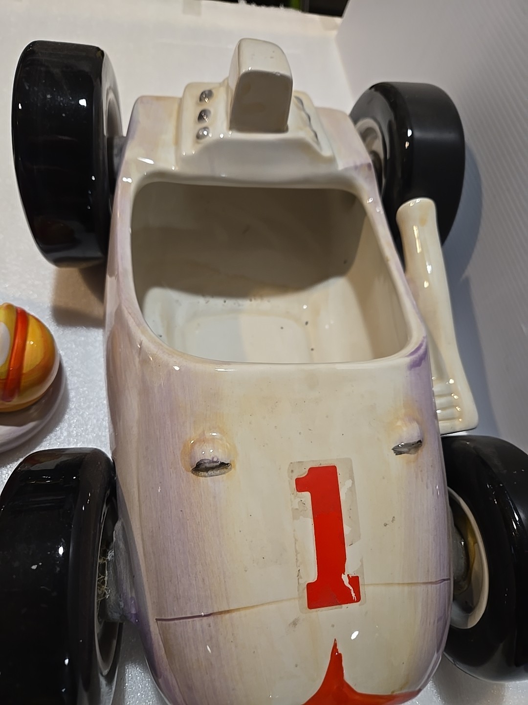 Vintage 2002 Coca-Cola COKE 14" Porcelain Race Car Cookie Jar, Very Good Shape