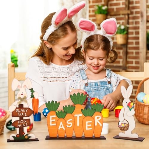 3Pcs Easter Decorations for Home Wooden Bunny Large 3Pcs Easter Wooden Sign