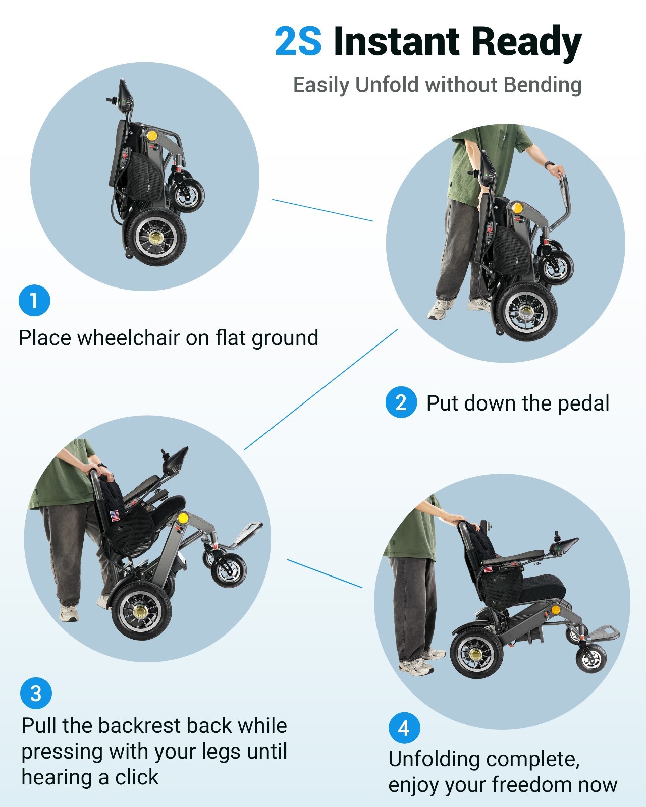 30 Mile Range Foldable Electric Wheelchairs for Adults & Seniors, Black