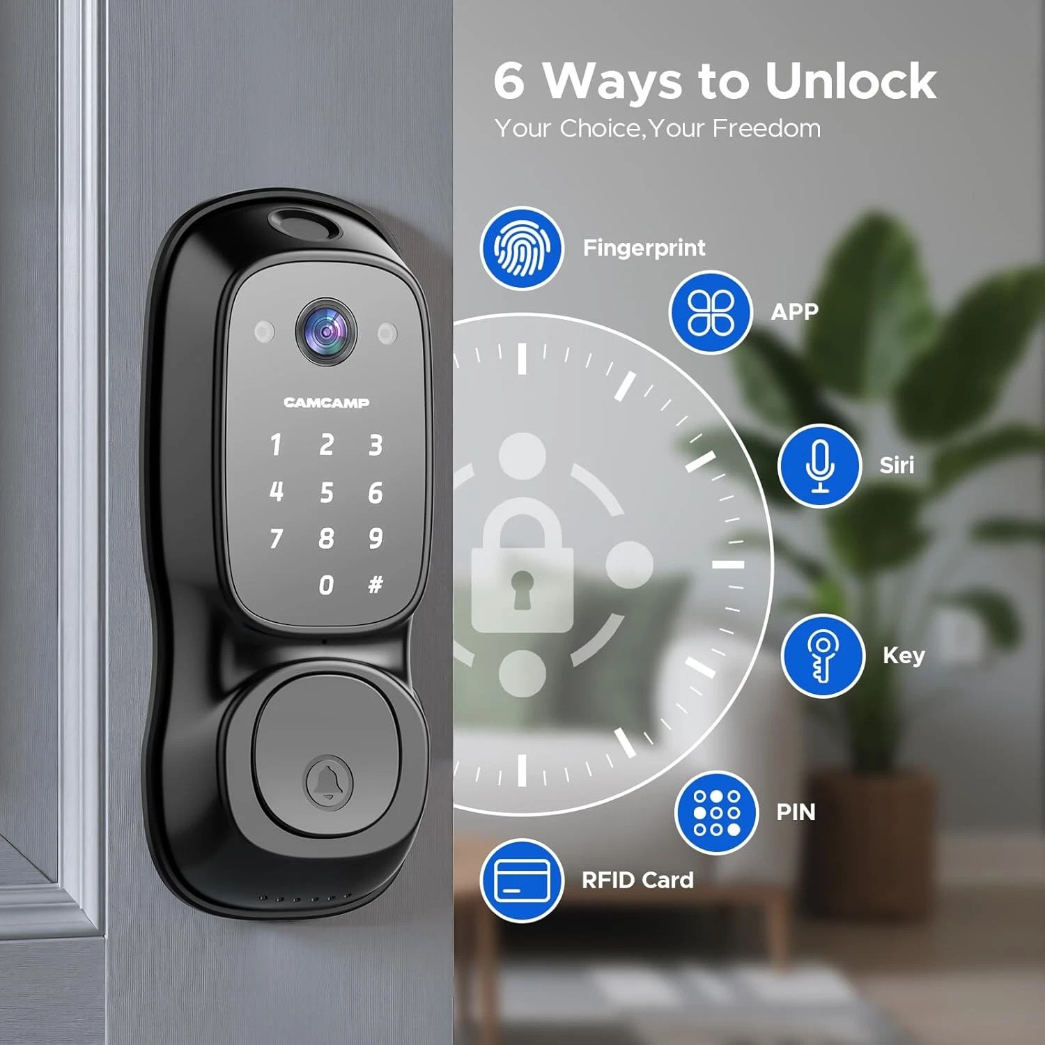 WiFi Video Smart Lock with Camera & Handle 6-in-1 Keyless Entry 2-Way Audio IP66