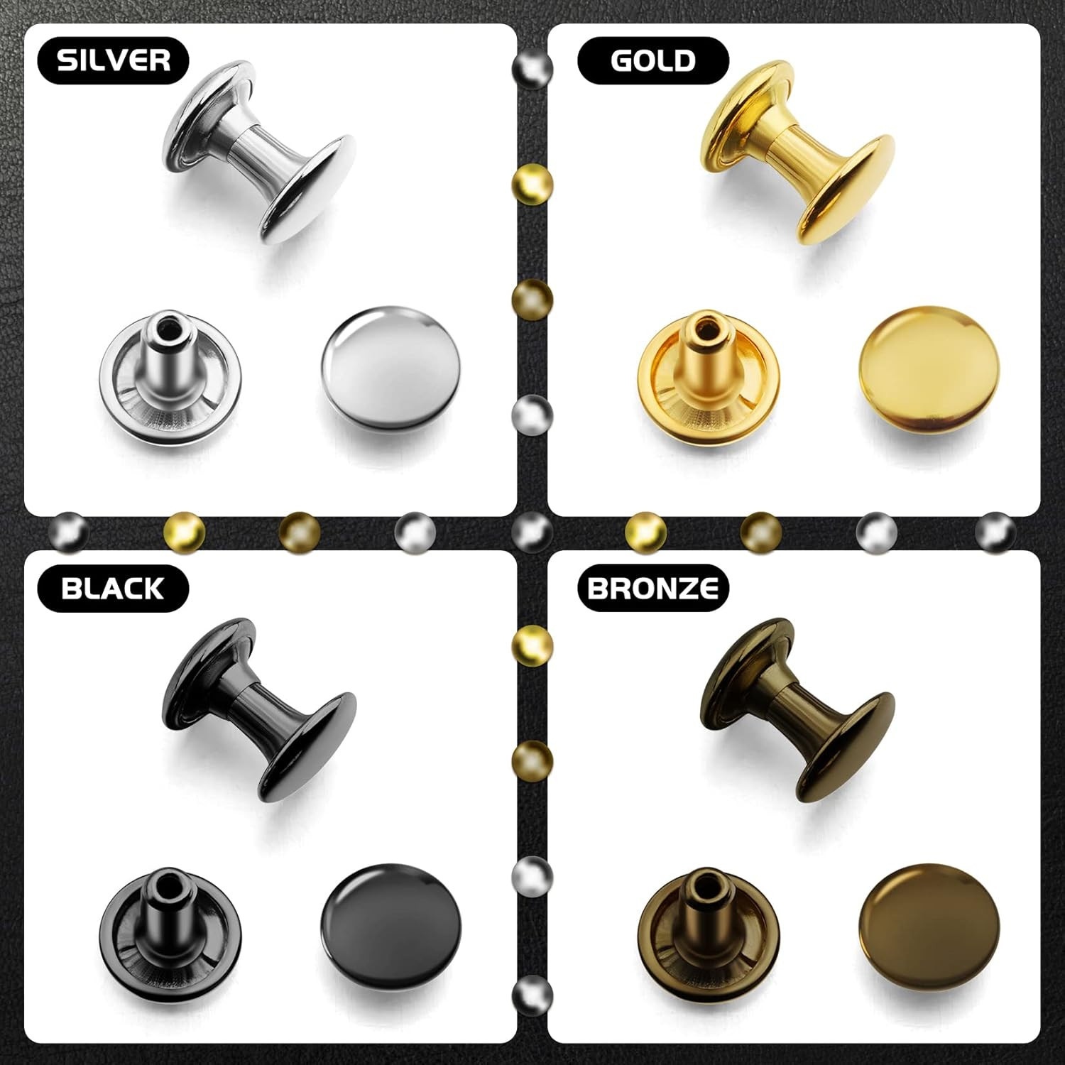 480 Sets Rivets for Leather, 4 Colors 3 Sizes Leather Rivets, Double Cap Rivets