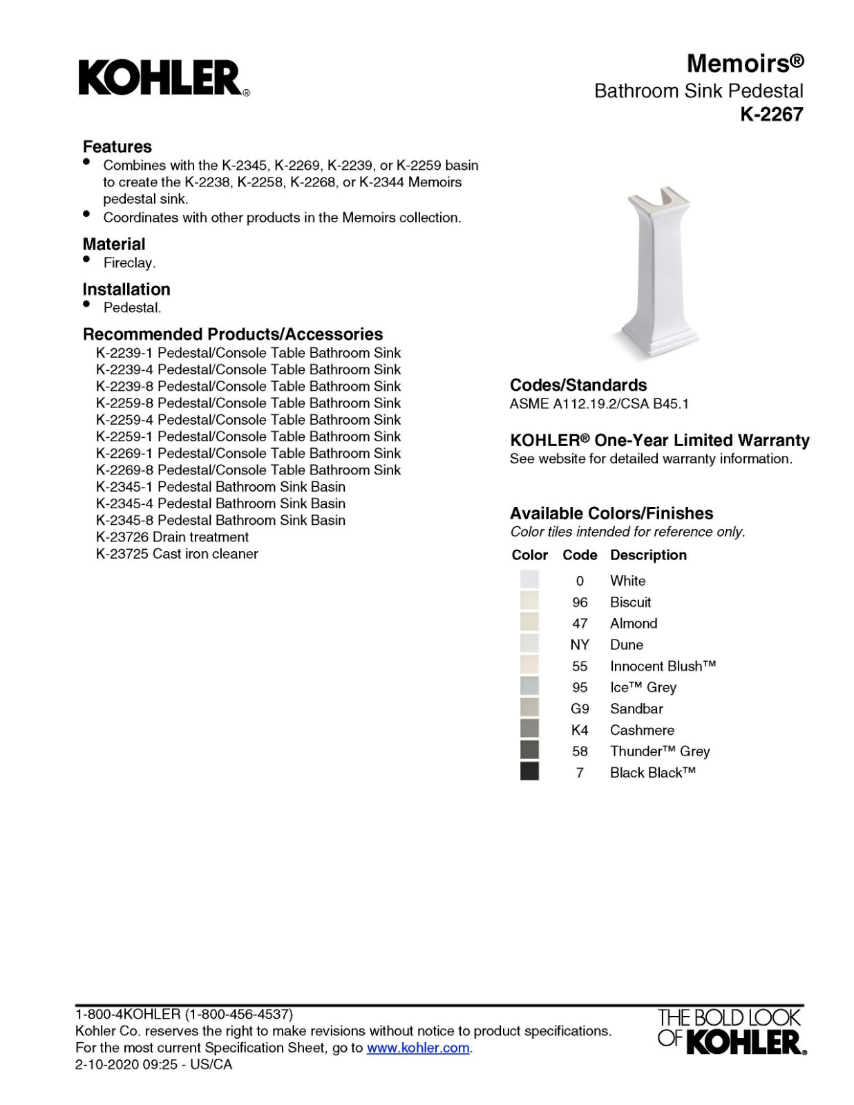 Kohler: Memoirs Pedestal Sink (Biscuit)