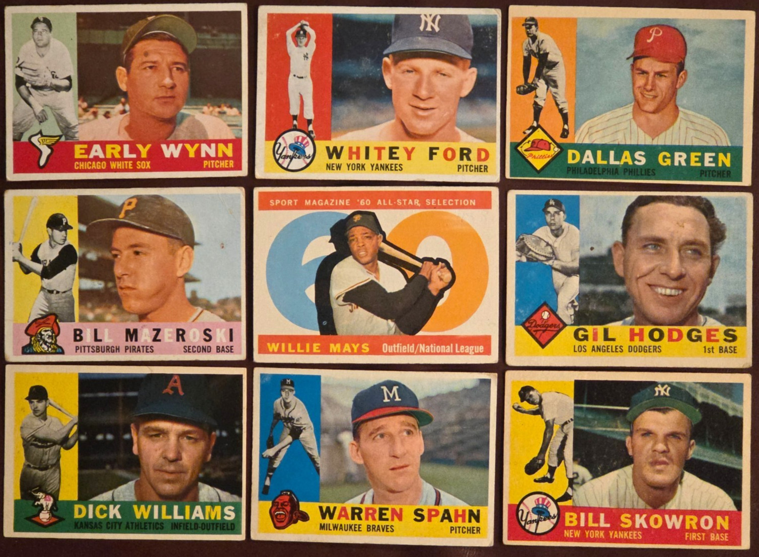 1960 Topps HOF Lot (9) Mays Spahn Ford Mazeroski Hodges Wynn Skowron MORE! L/M