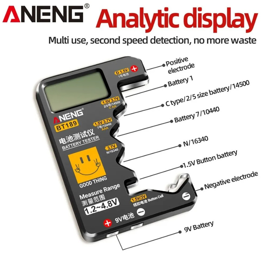 1pc ANENG BT189 Universal Battery Tester LCD Display for AA AAA 9V Button Cells