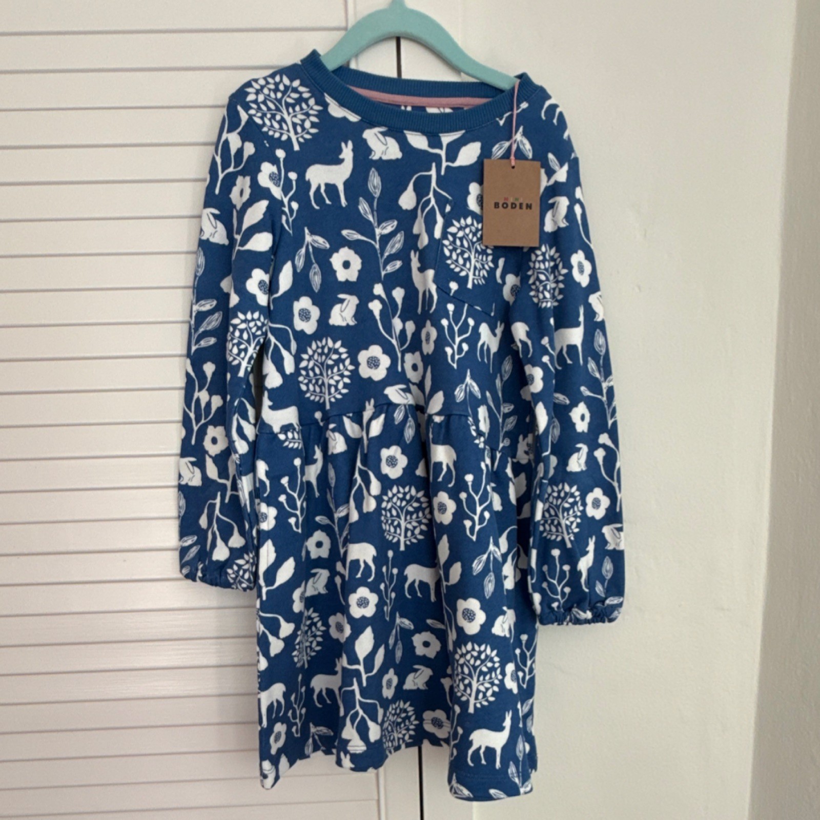 Mini Boden Girls A-Line Blue White Animal Floral Print Long Sleeve Dress 5-6Y