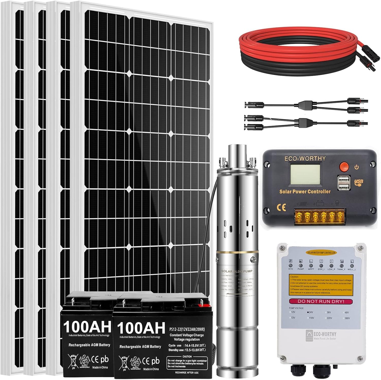 DC 400W 24V Solar Water Well Pump Kit with MPPT Controller 2 12V 100Ah Battery