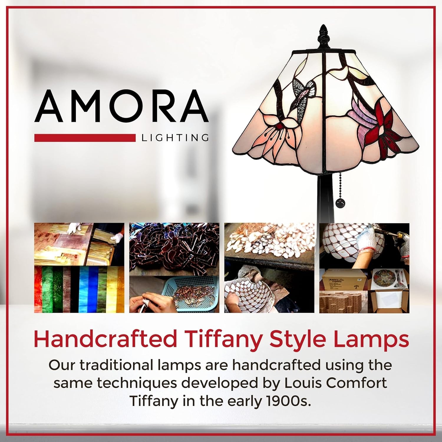 Tiffany Style Table Lamp Small Pink Hummingbird Office Nightstand Living Rm 15"