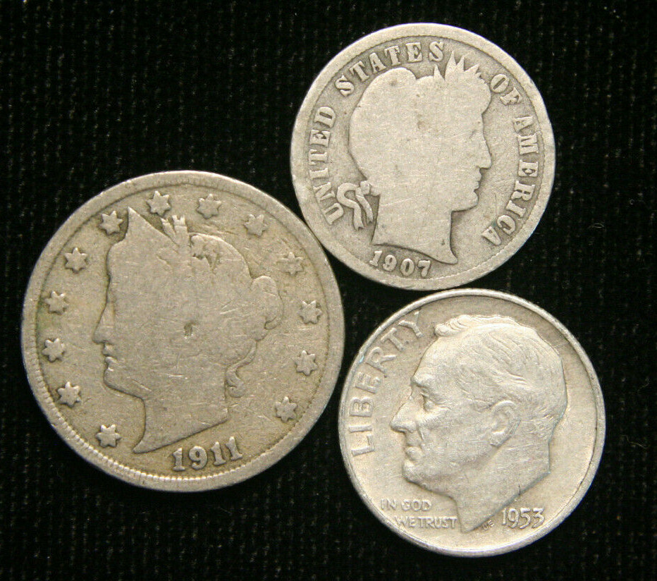 Old US Coin Estate Lot Barber Dime Liberty Nickel Roosevelt Dime 3 Coin Set