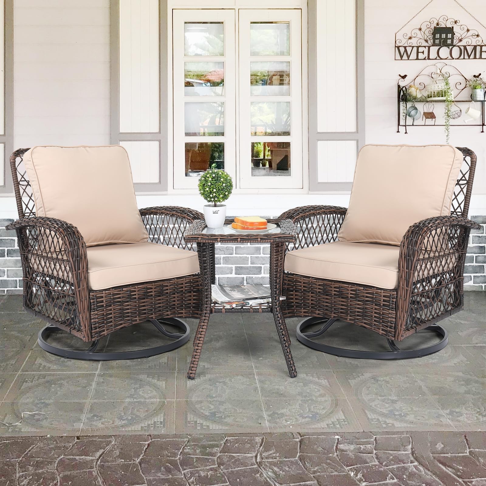 3 Piece Outdoor Patio Set Swivel Rocking Chairs and Bistro Table