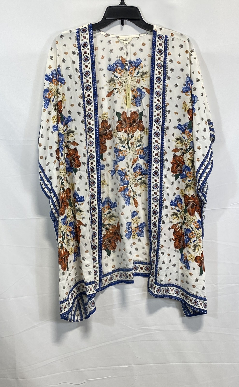Max Studio Women's White Blue Floral Kimono Cardigan Tunic Top NWT Size XL