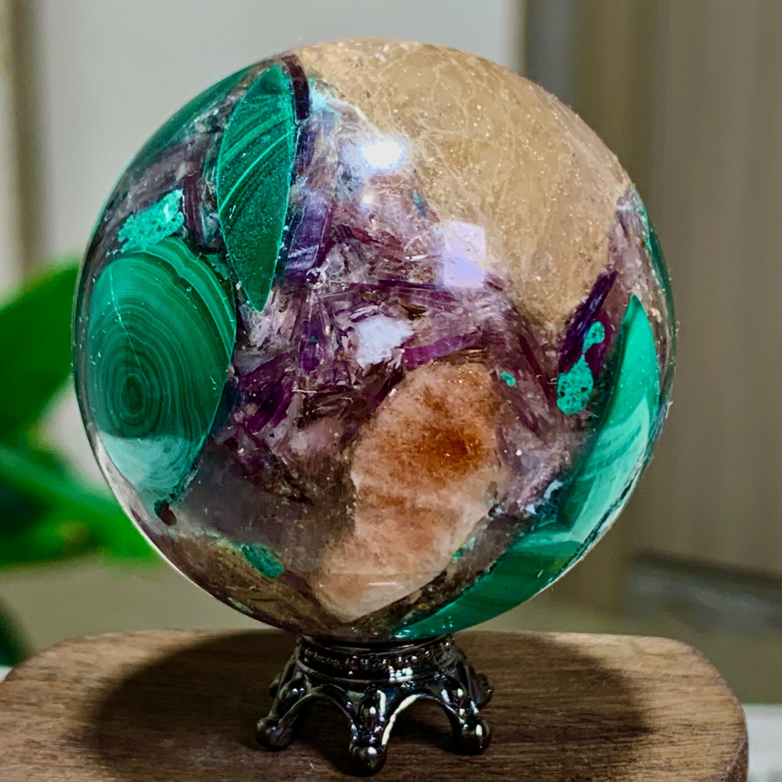 97G Newly discovered rare malachite purple mica symbiotic sphere restoration