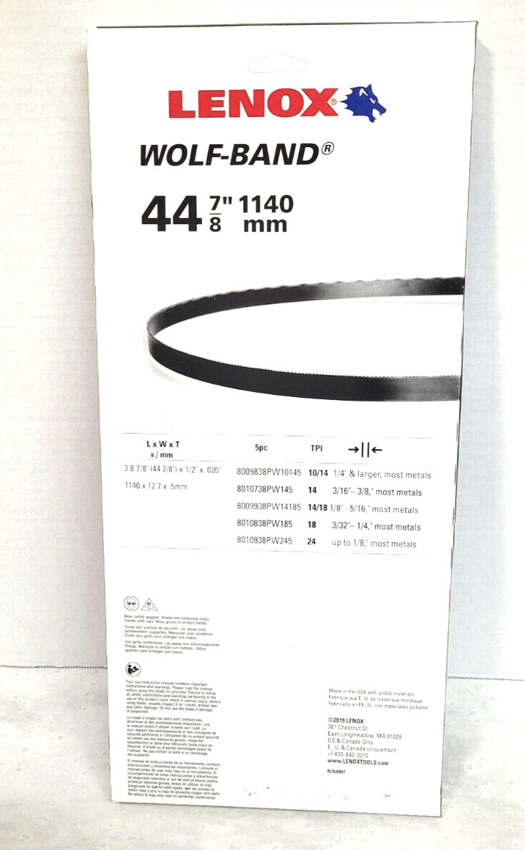 44-7/8" x 1/2 x 10/14 TPI Band Saw Blade Lenox Wolfband 8009838PW10145 Pack of 5
