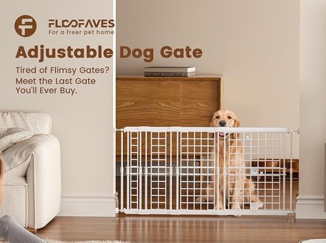 No Drill Adjustable Dog Gate, 13-22 Inch Height, 18-43 Inch Width, White Metal