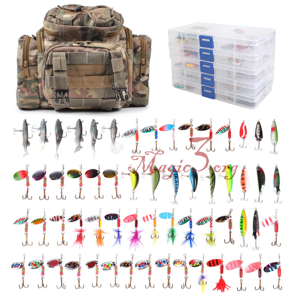 Fishing Tackle Bag Loaded 60pcs Spoon Lure Crankbait 5 Box Storage Mixed Lot US