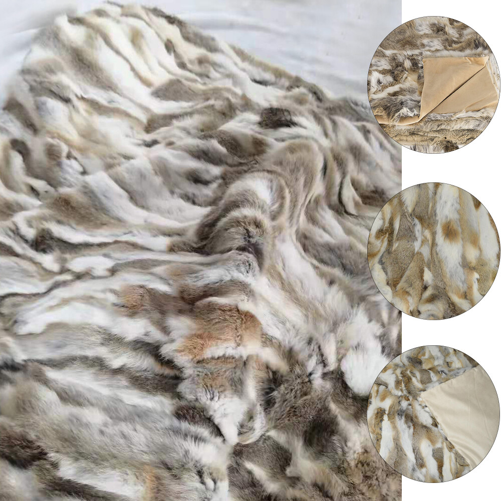 Luxury Real Fur Throw Rabbit Fur Blanket Soft Warm Bedspread Queen Size 80x60in
