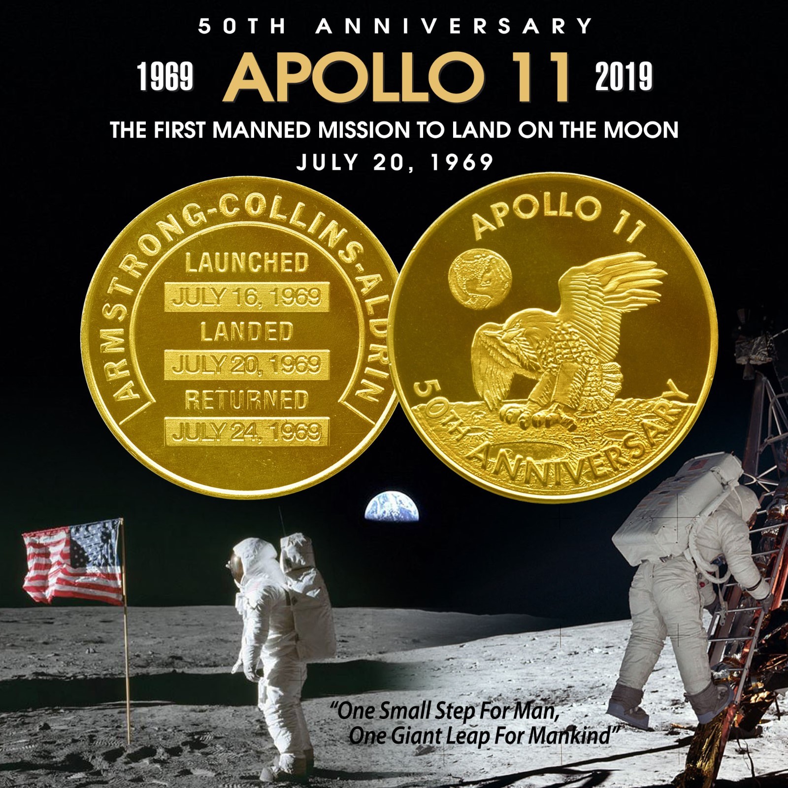 Apollo 11 50th Anniv. Commemorative Robbins Space Medallion Coin 24K GOLD 32MM