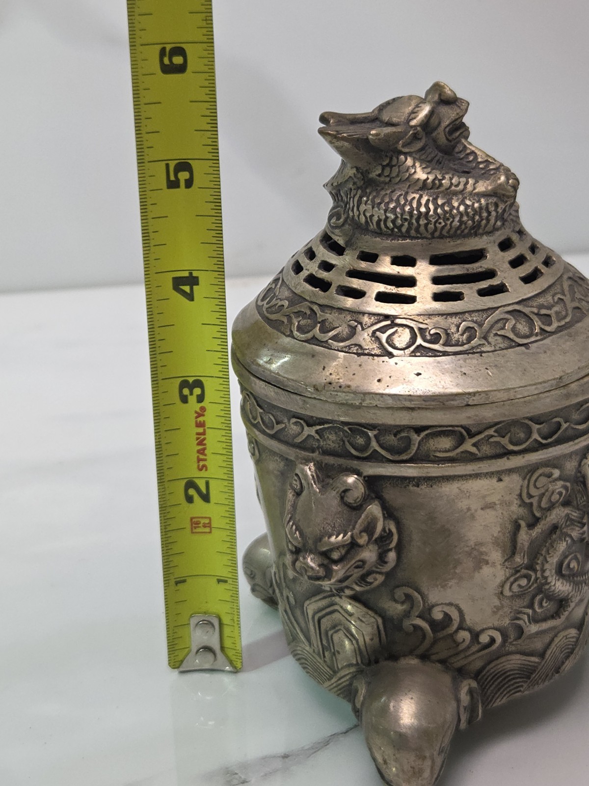 6" Qianlong Marked Copper Silver Dragon Beast Pattern Incense Burner Censer VTG