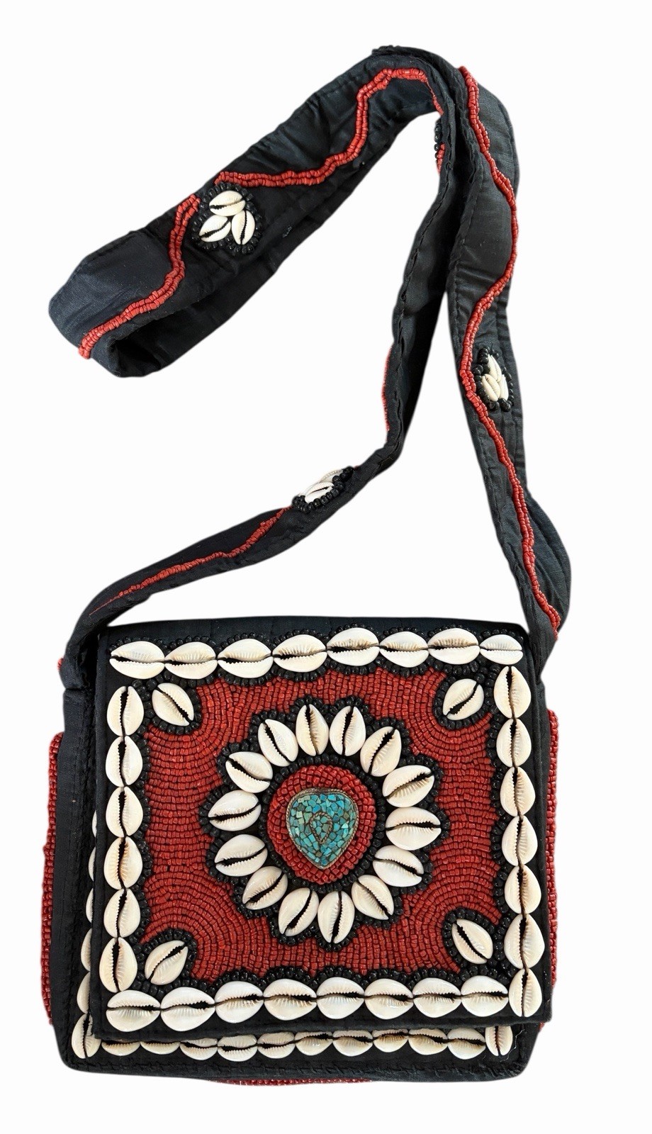 Tibetan Style Hand Beaded Seashell Coral Cross Body Bag Vintage VTG