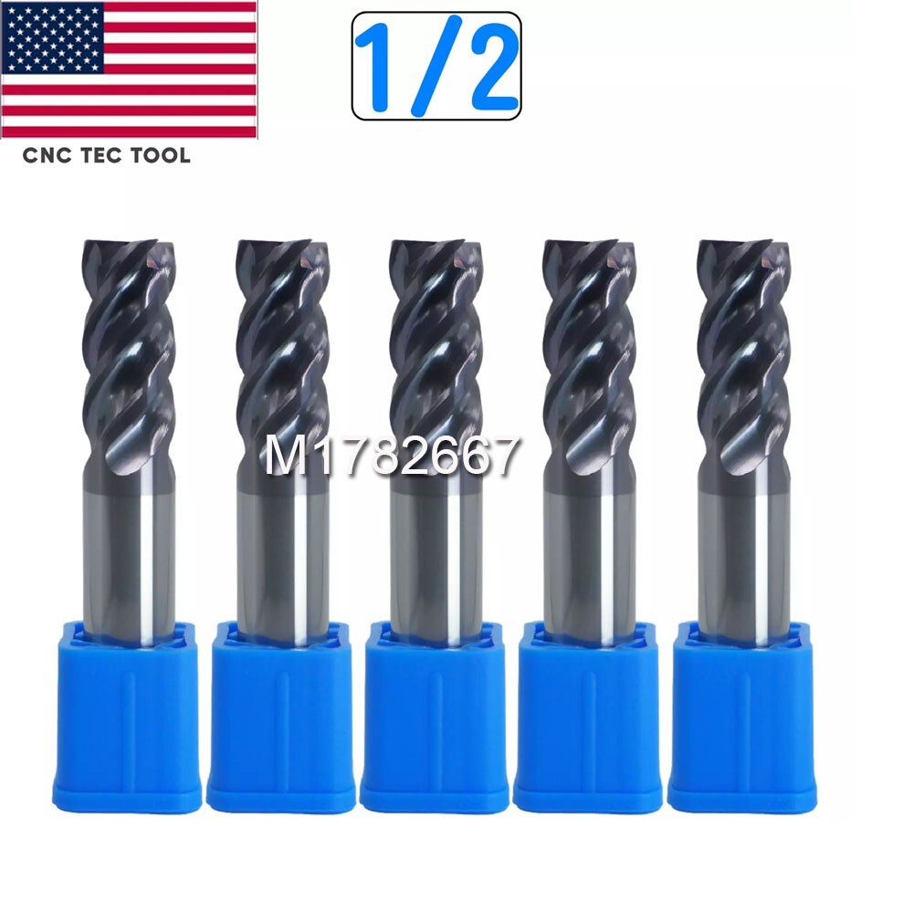 5 PCS 1/2" 4 Flutes Square Helix Carbide End Mill Bits AlTiCrN Coated HRC 50