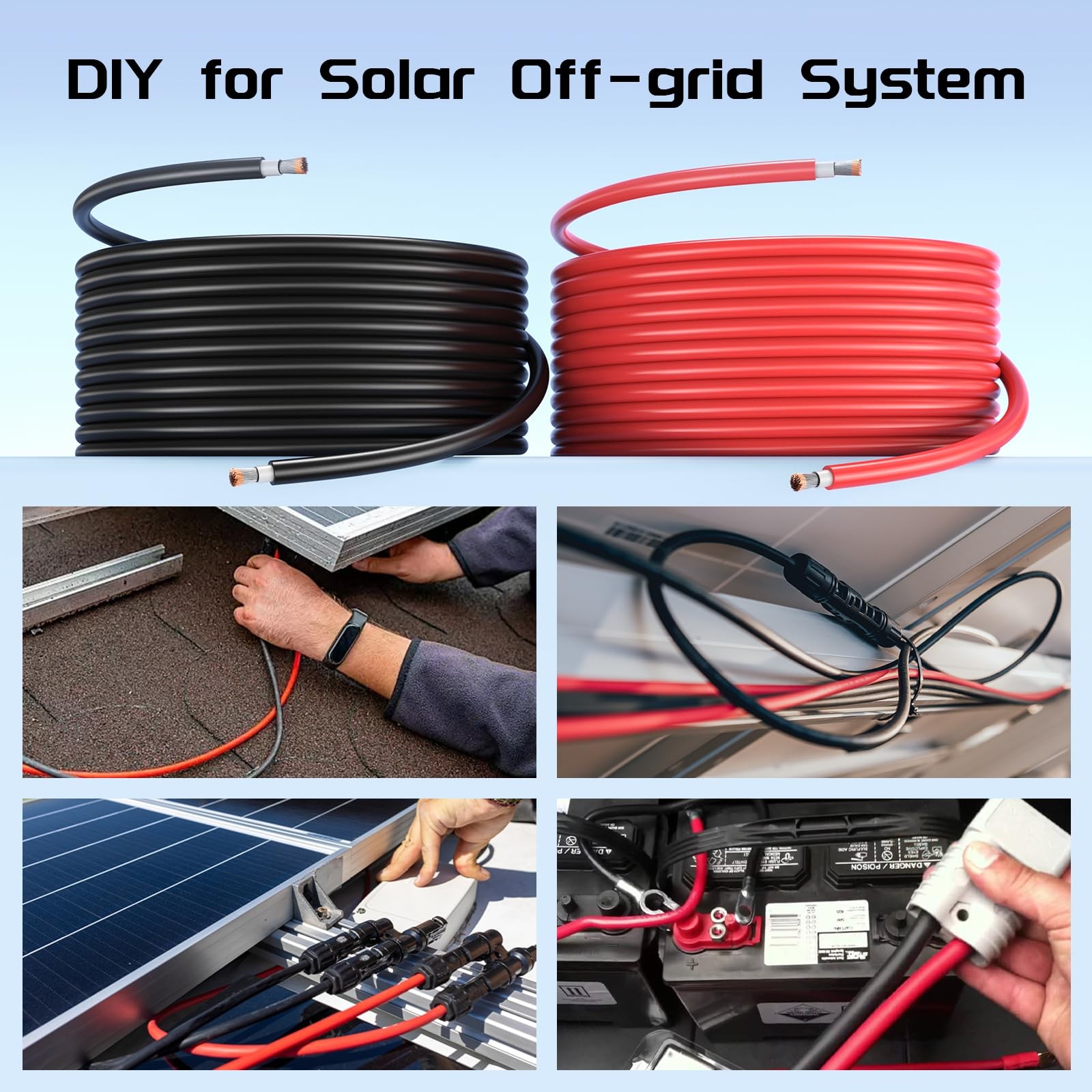 Bateria Power Solar Panel Wire 50Ft Black and Red 10AWG, Black+Red