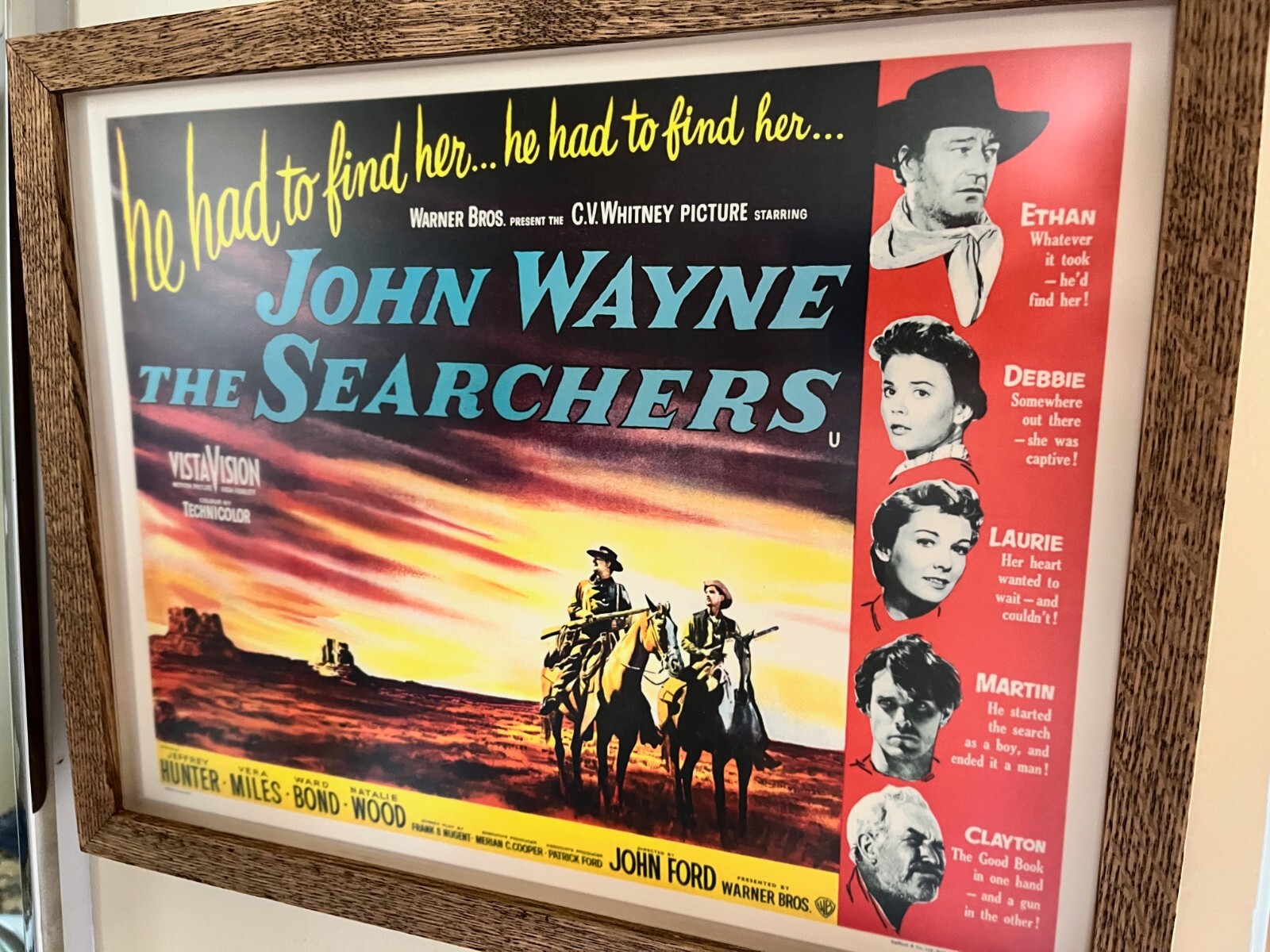 JOHN WAYNE - The Searchers 56 Lobby Card- Beautiful Museum Framed Oak Shadowbox