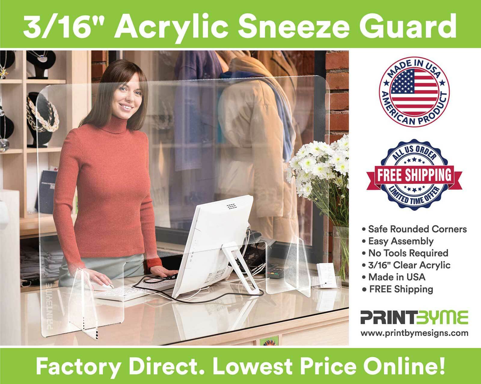 24” X 24” Sneeze Guard, Clear Acrylic, Plexiglass Countertop Barrier Shield