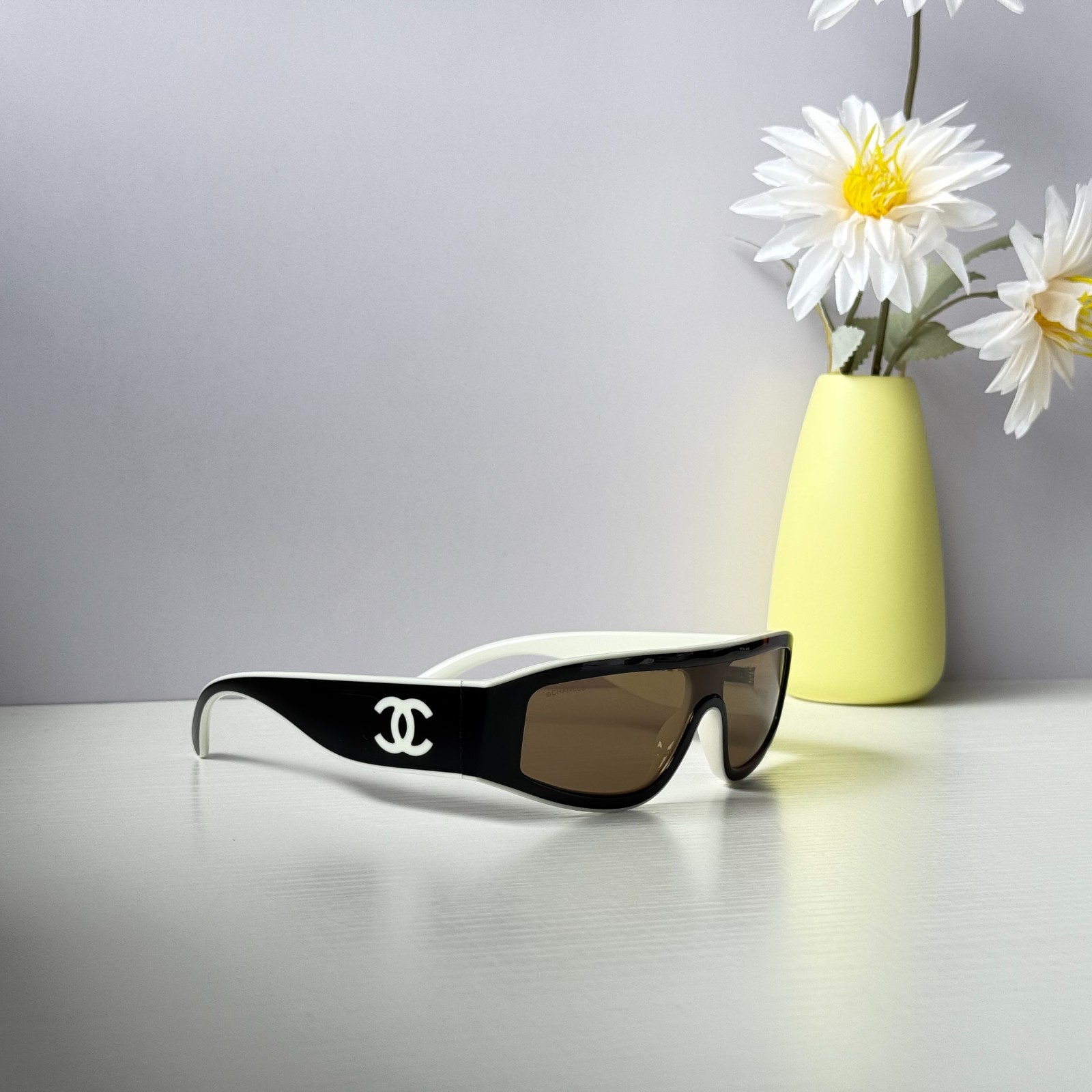 Chanel CH6057 Sunglasses Black/Beige Shield Wrap Brown Lens