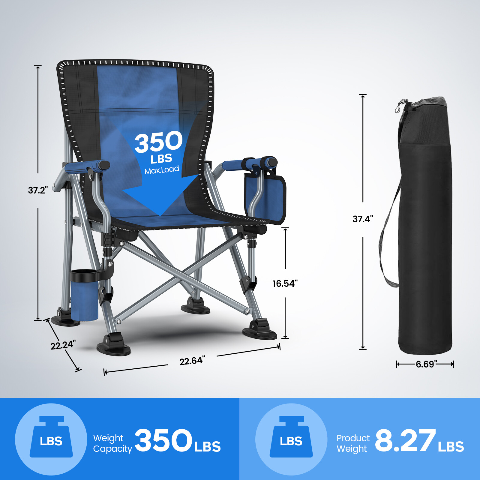 Blue Portable Camping Chair Heavy Duty Folding Chair w/ Cup Holder Oversized