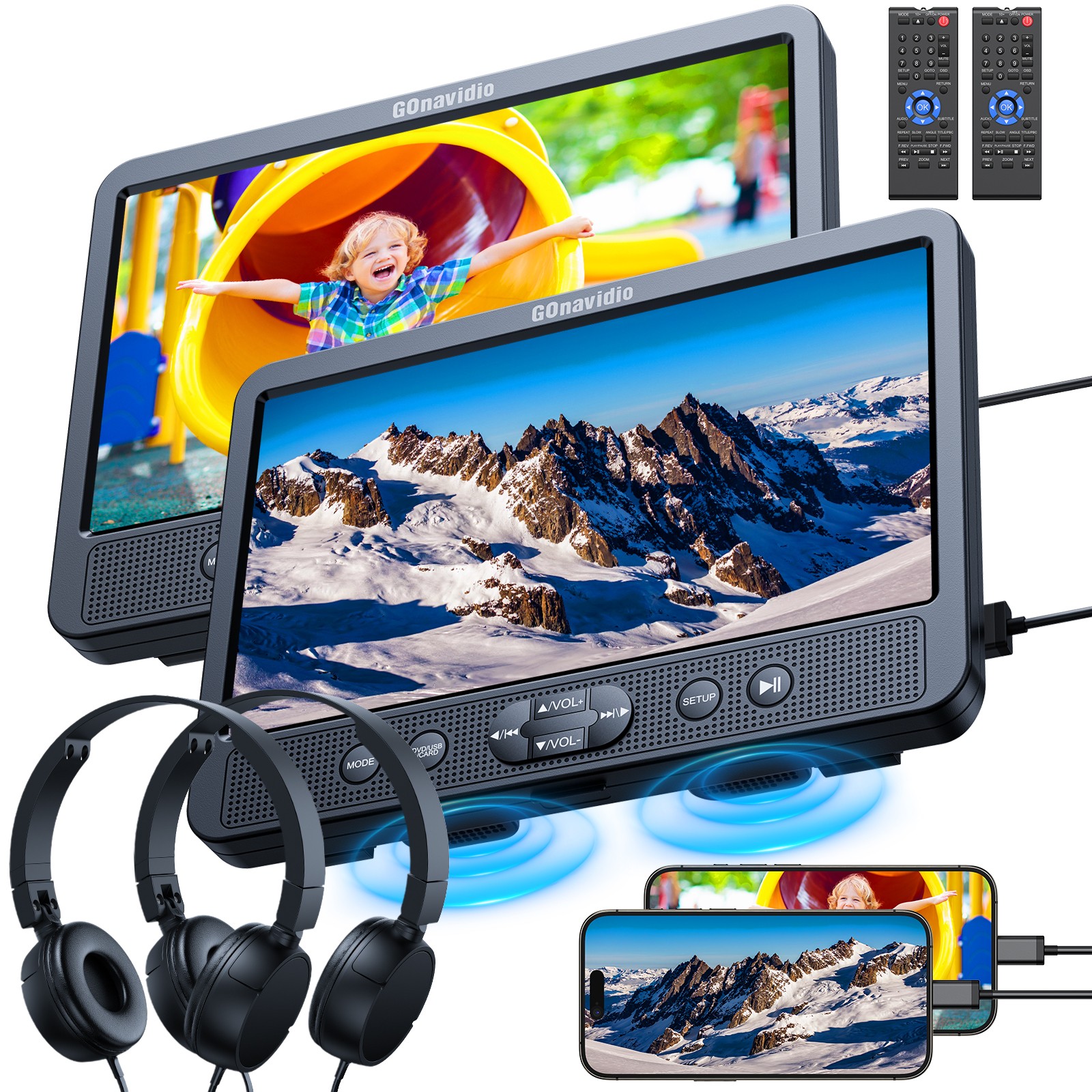 2X10.5" Full HD Car Headrest Portable DVD Player USB SD HDMI Monitor W/ Headsets