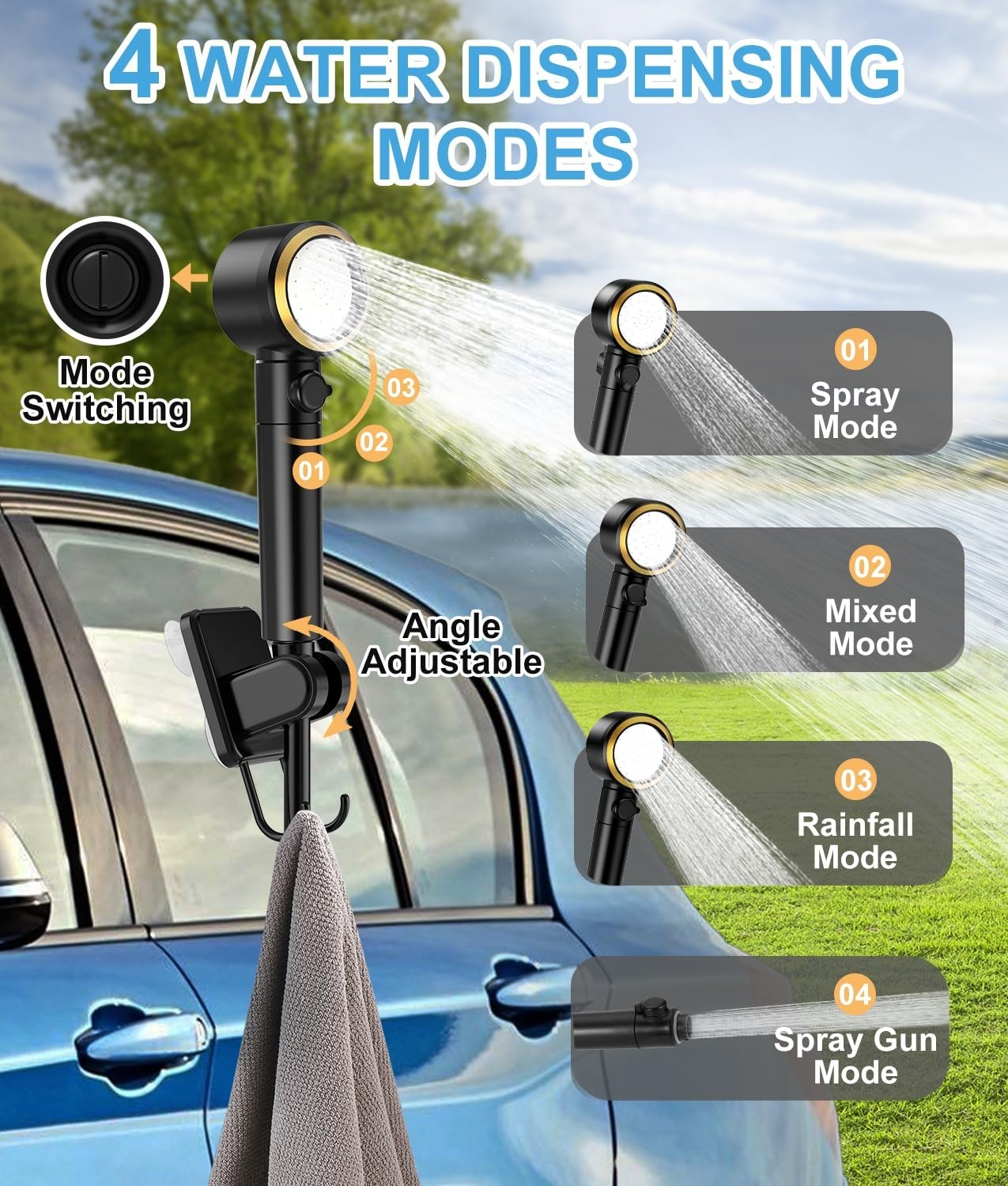 WADEO 8000mAh Rechargeable Portable Shower 5 Pressure Levels Fahrenheit Display