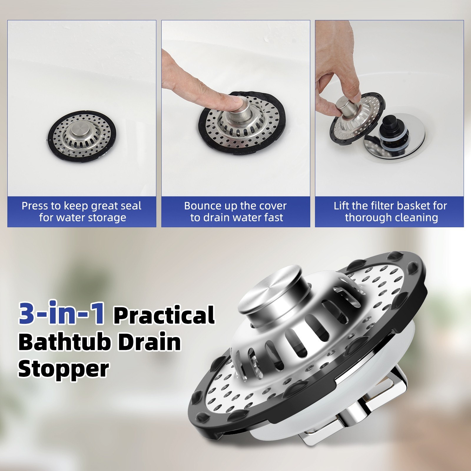 Universal Bathtub Drain Stopper - Pop-Up Hair Catcher for Tub 1.5 to 2.4" Hole