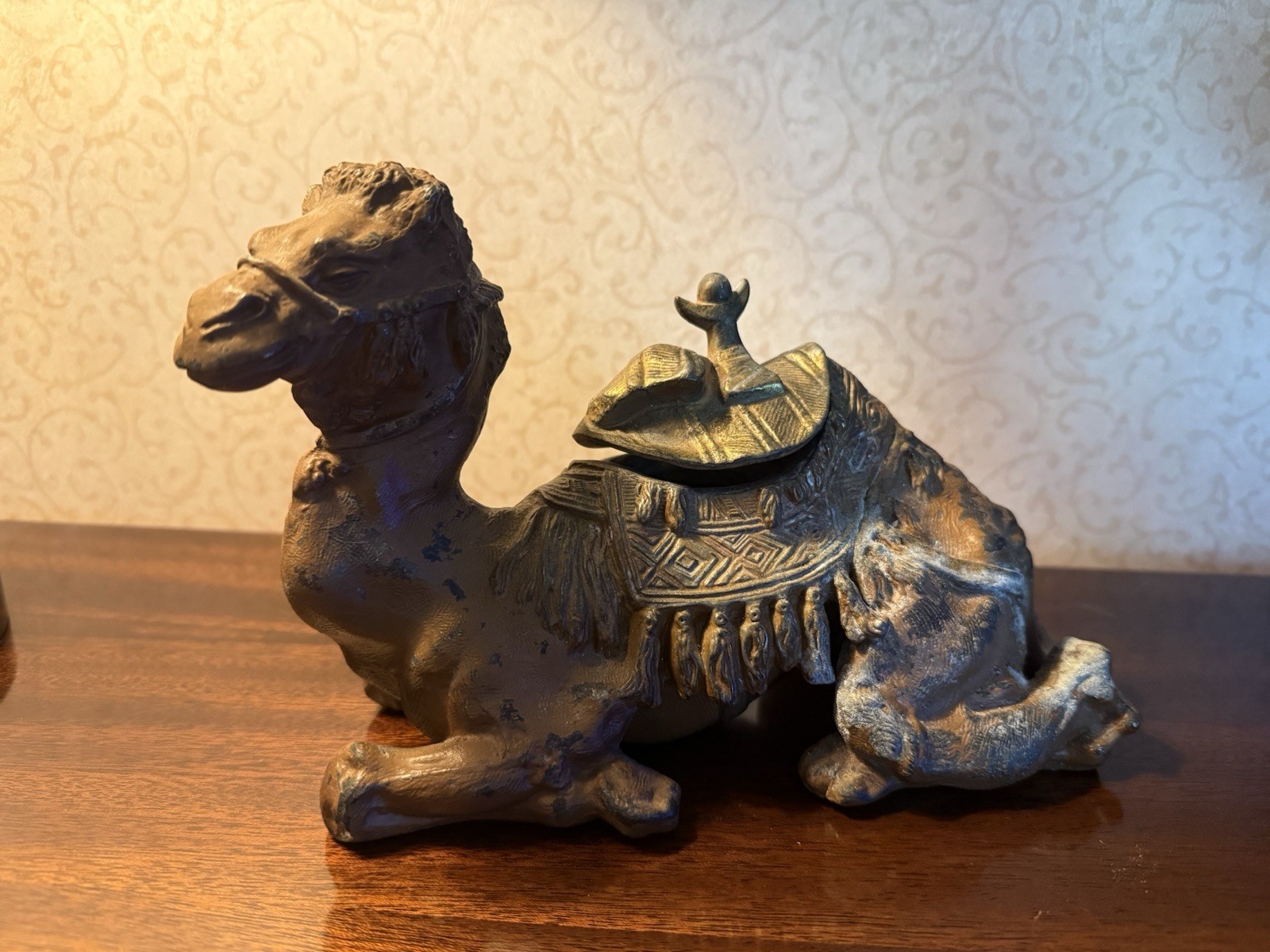 Antique Cold Painted Spelter Metal Camel Inkwell