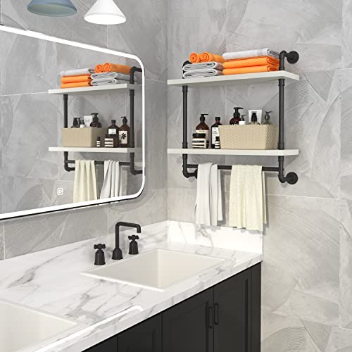 Helsin 24in Industrial Pipe Shelving, 2 Tier Rustic Wood Floating Bathroom