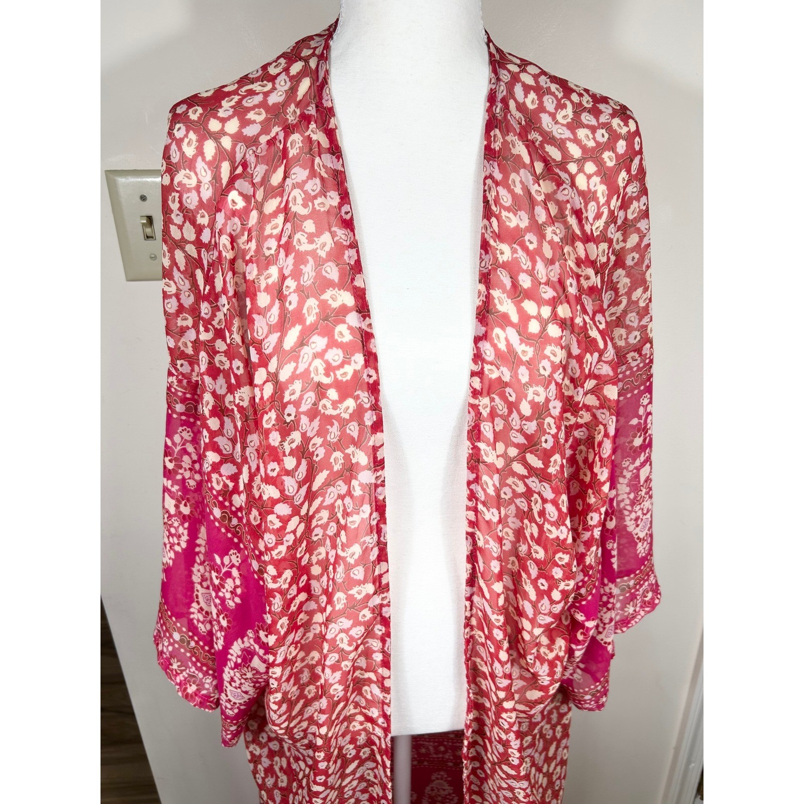 Pink Floral Long Duster Kimono Open Front Beach Cover Up OS BOHO Semi Sheer