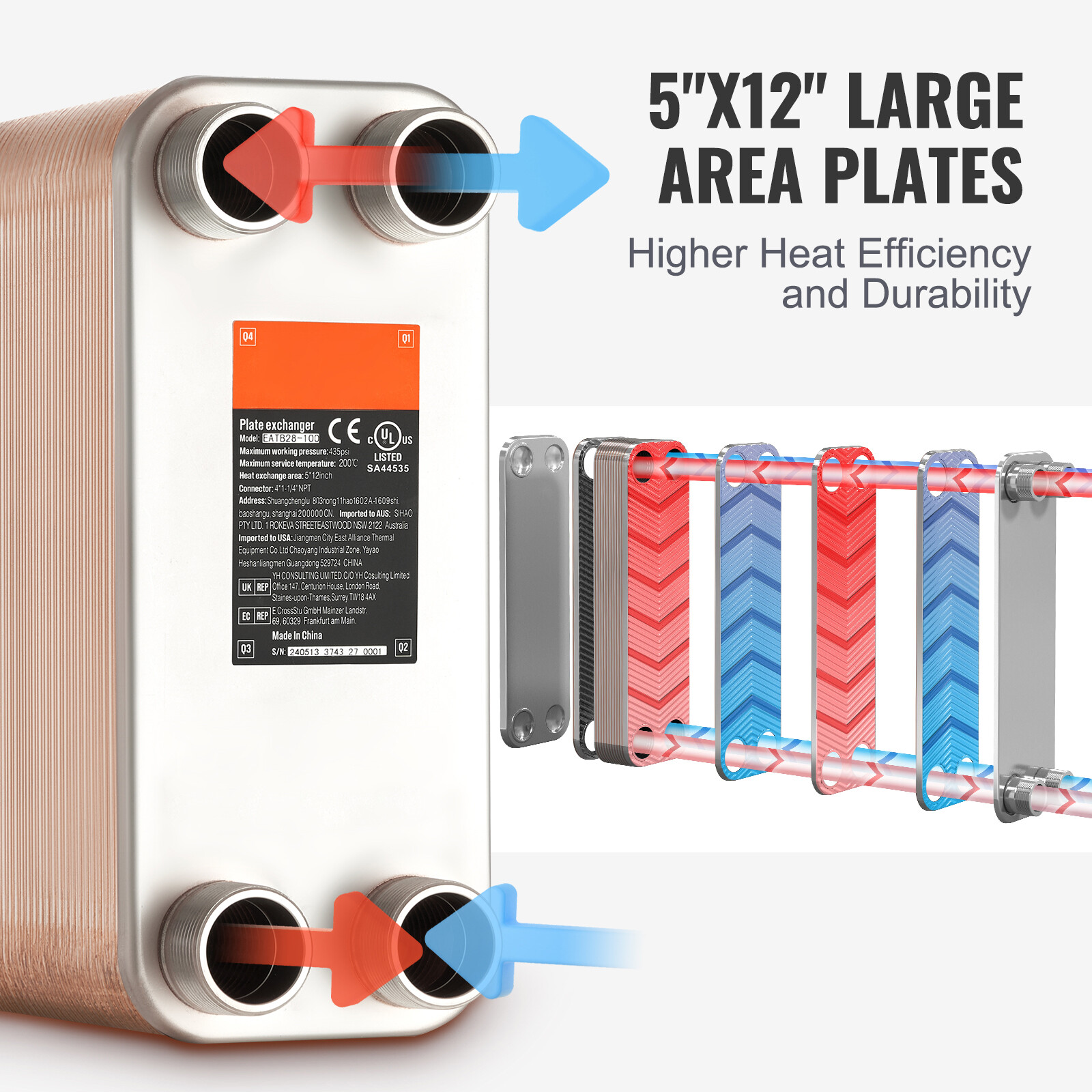 VEVOR 100 Plate Heat Exchanger 4*1-1/4" MNPT Ports 5"x 12" Brazed 316L St. Steel