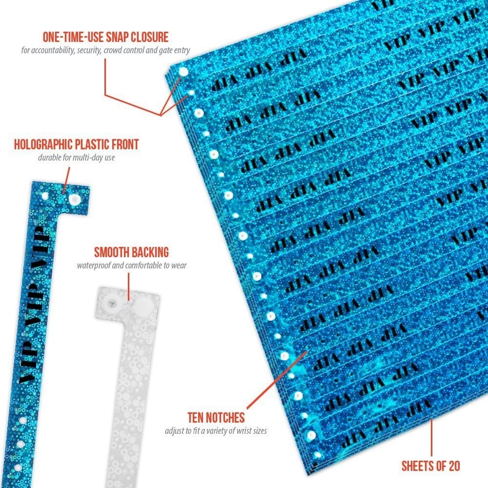 500 Holographic Blue VIP Plastic Secure Snap Wristbands - 5/8" x 10" - Adjus...