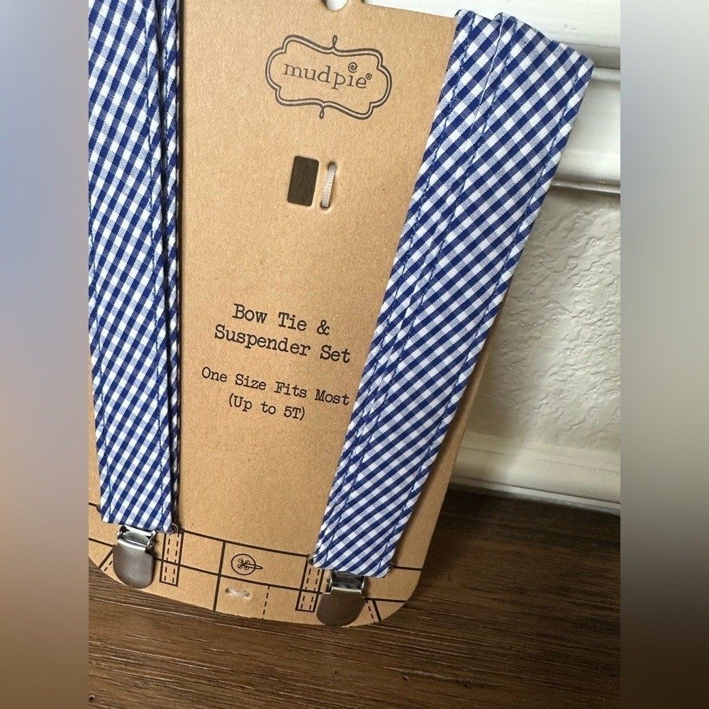 Mudpie Toddler Blue Gingham Suspenders Fits Up to 5T, New