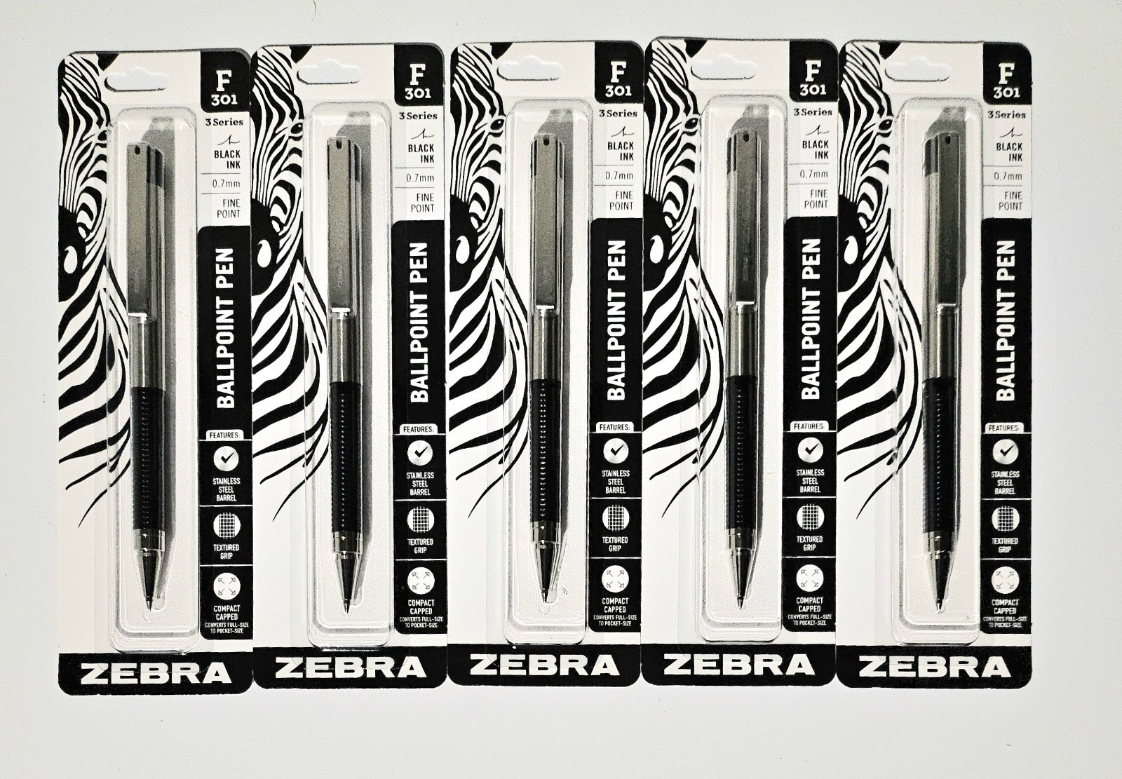 5 Zebra F301 Compact Capped Ballpoint Stainless Steel Pen Fine Point