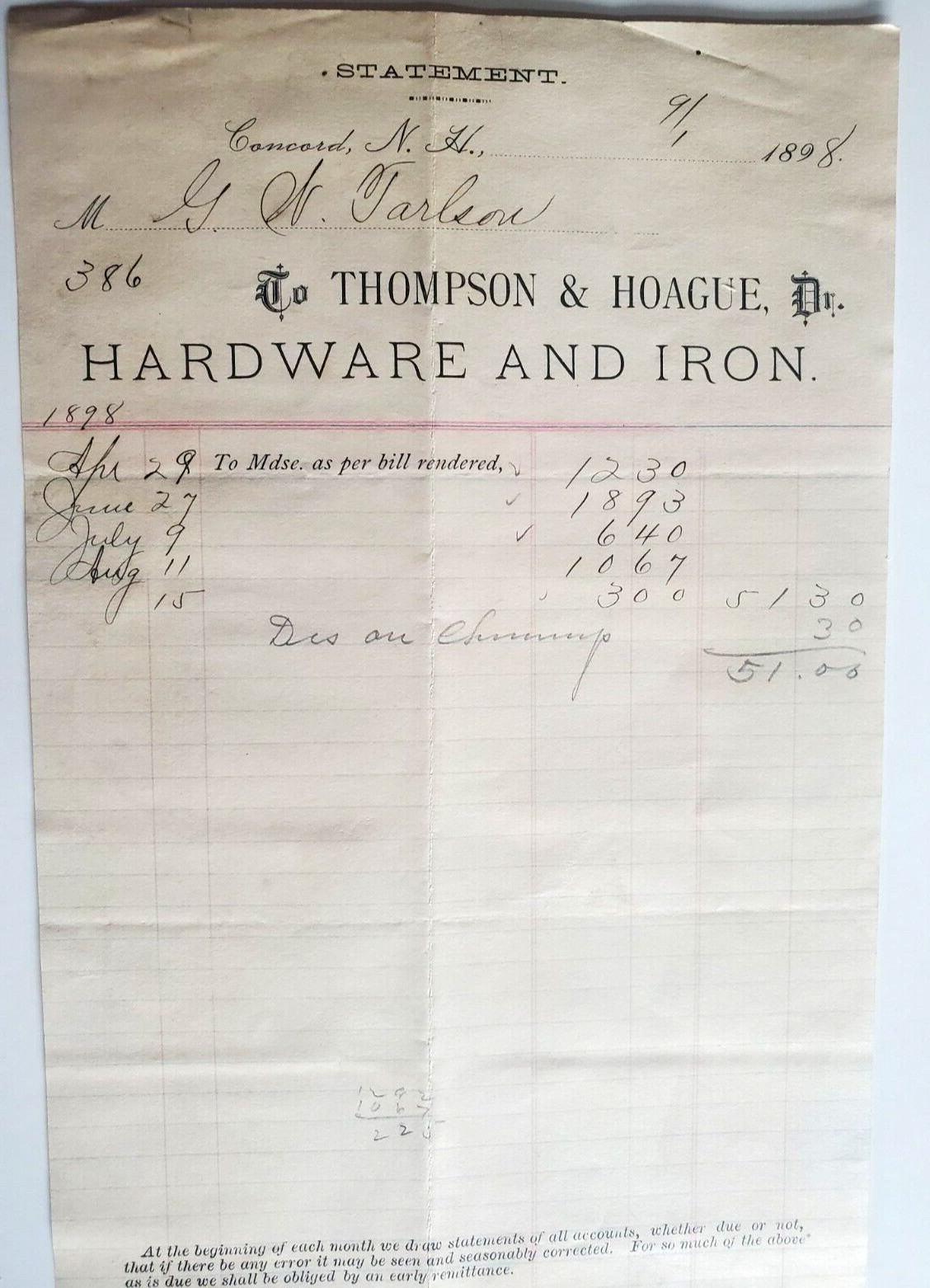 1898 Invoice, Thompson & Hoagle, Hardware & Iron, Concord, New Hampshire