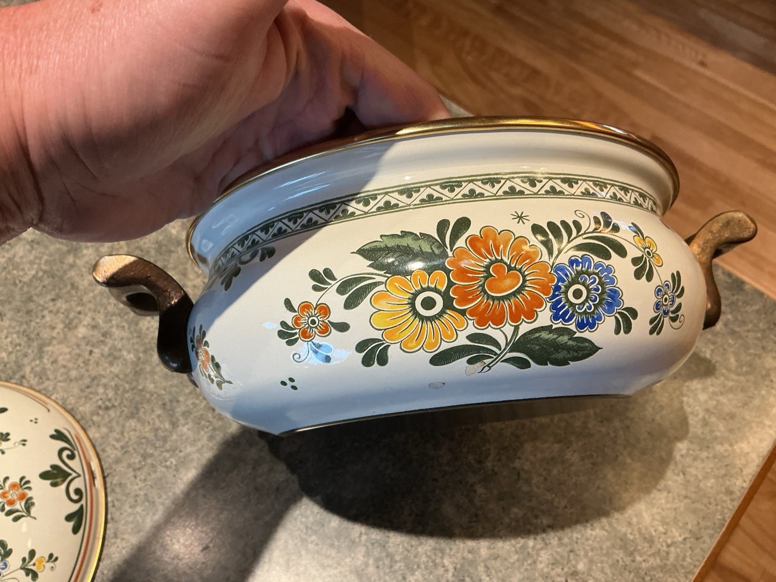 Vintage ASTA Floral Enamel Cookware 8.5” Dutch Oven Pot With Lid Brass Handles