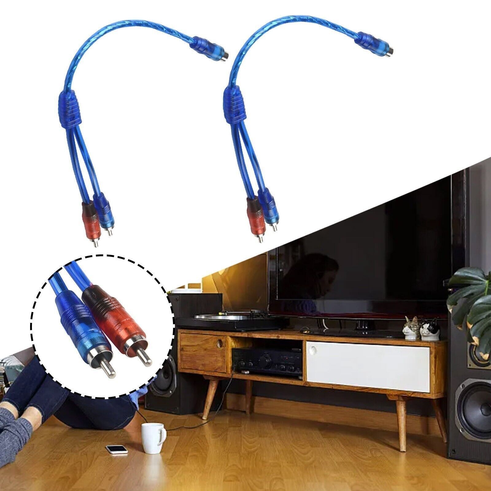 2pcs RCA Y Splitter Audio Jack Cable Adapter 1 Female to 2 Male Connector Blue