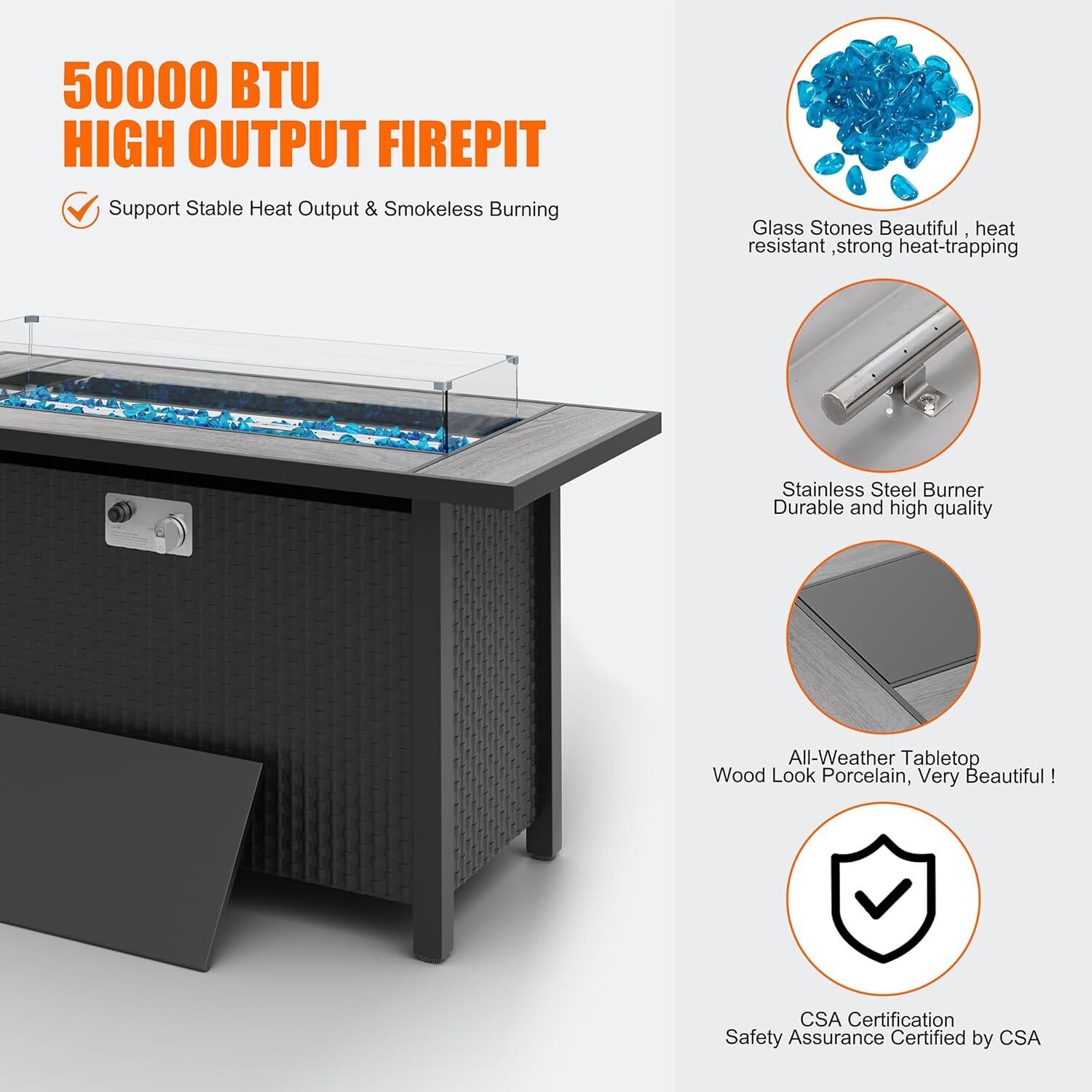 45 inch Outdoor Propane Fire Pit 50000 BTU Gas Fire Pit Table w/Lid for Patio