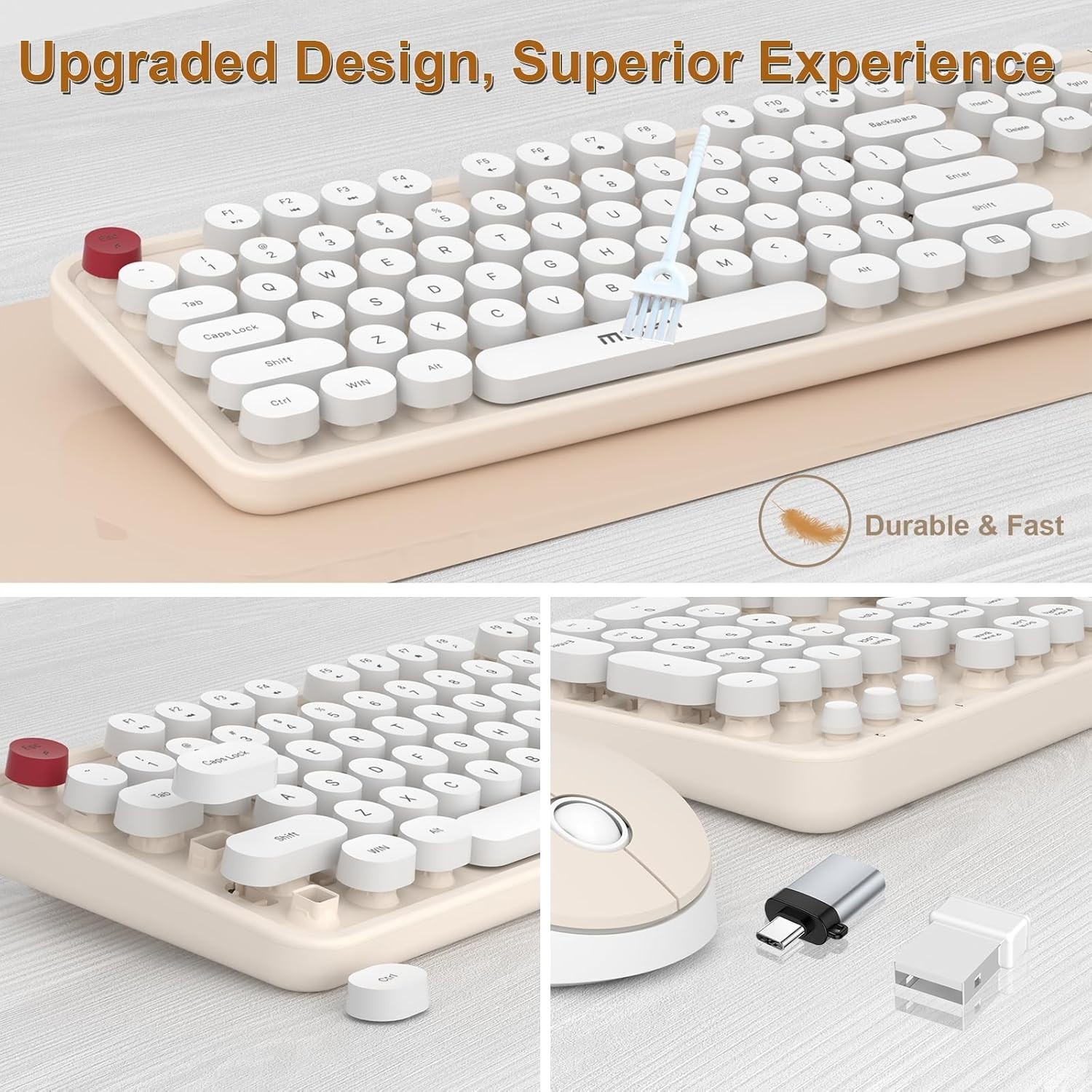 Wireless Keyboard and Mouse Combo Ergonomic White 104 Keys for PC/Laptop/Phone
