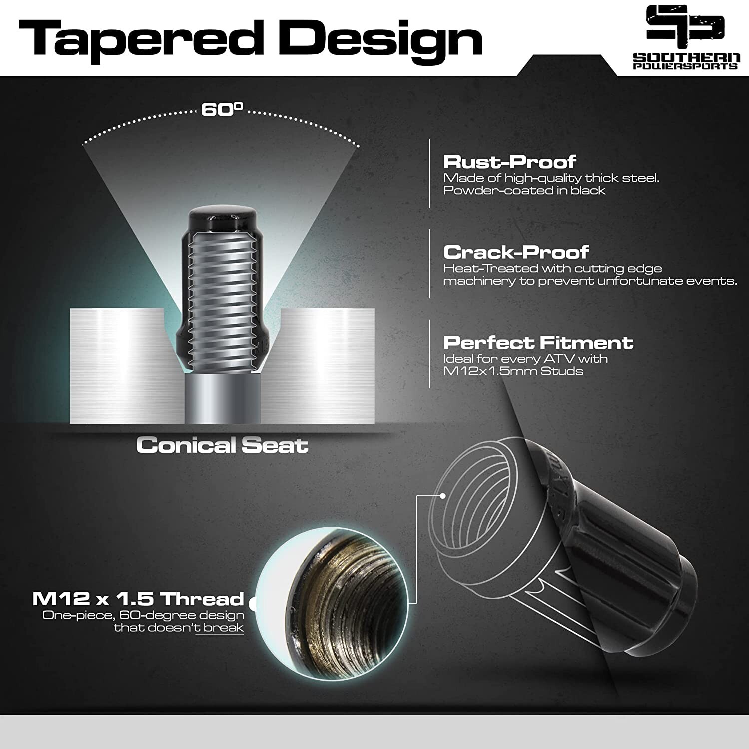 Honda Pioneer 500 // 700 / 1000 Black Tapered Lug Nuts 12MM X 1.50 W/Key 16/PK