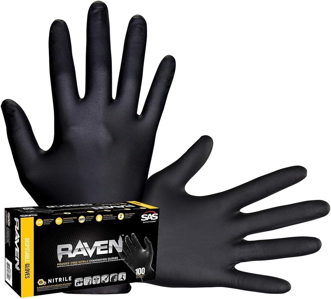 SAS Raven Black Nitrile Gloves Powder Free New 7mil Version (100 Gloves/Box)